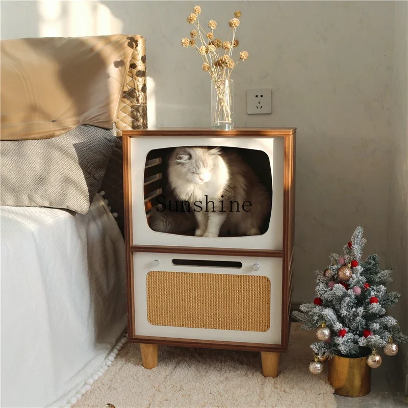 Creative solid wood cat shared bedside cat cabinet retro TV cat nest