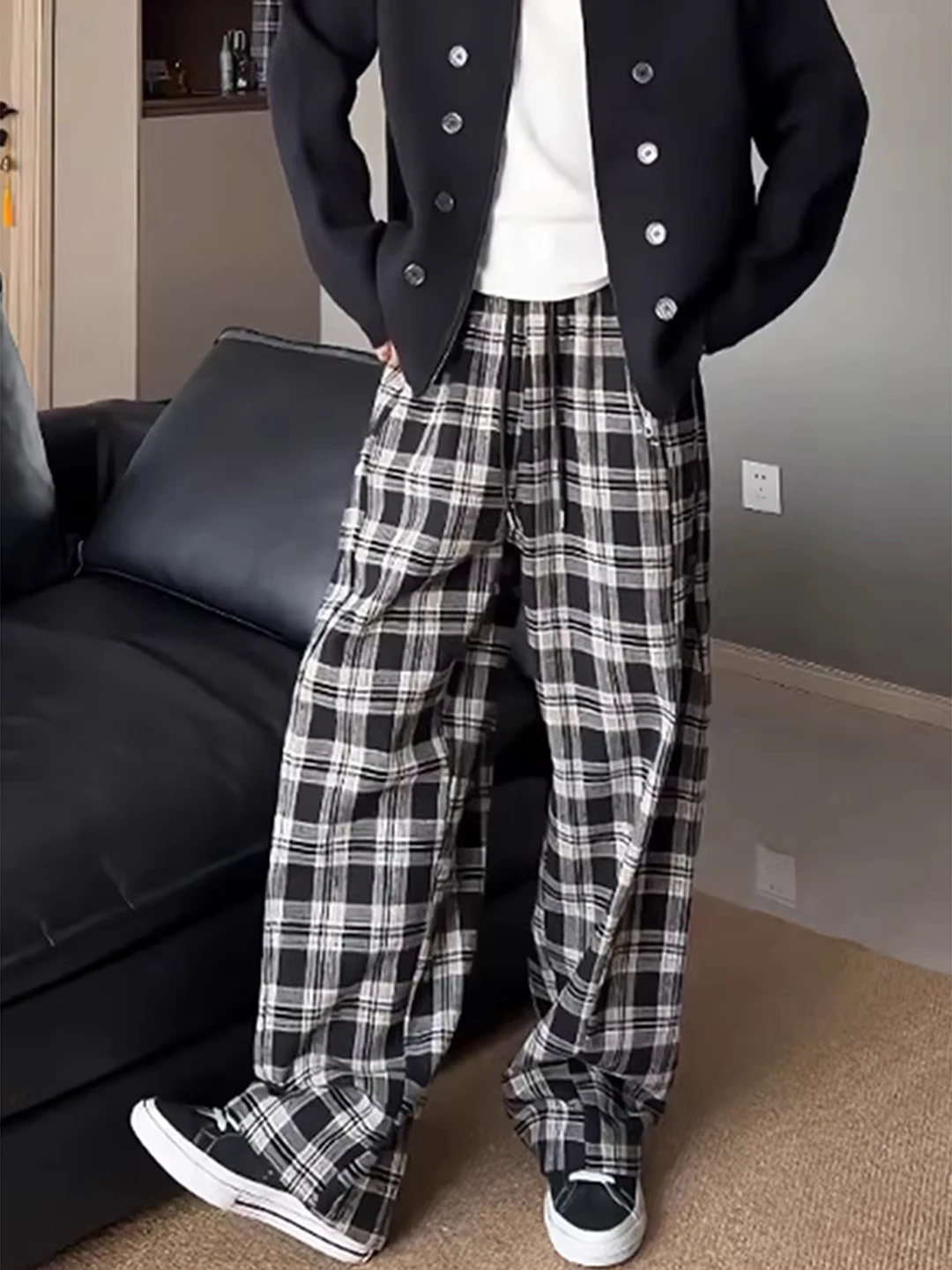 

Американские ретро-брюки в клетку из плотной ткани для мужчин, осенне-зимние, свободные, струящиеся, повседневные, широкие, прямого кроя