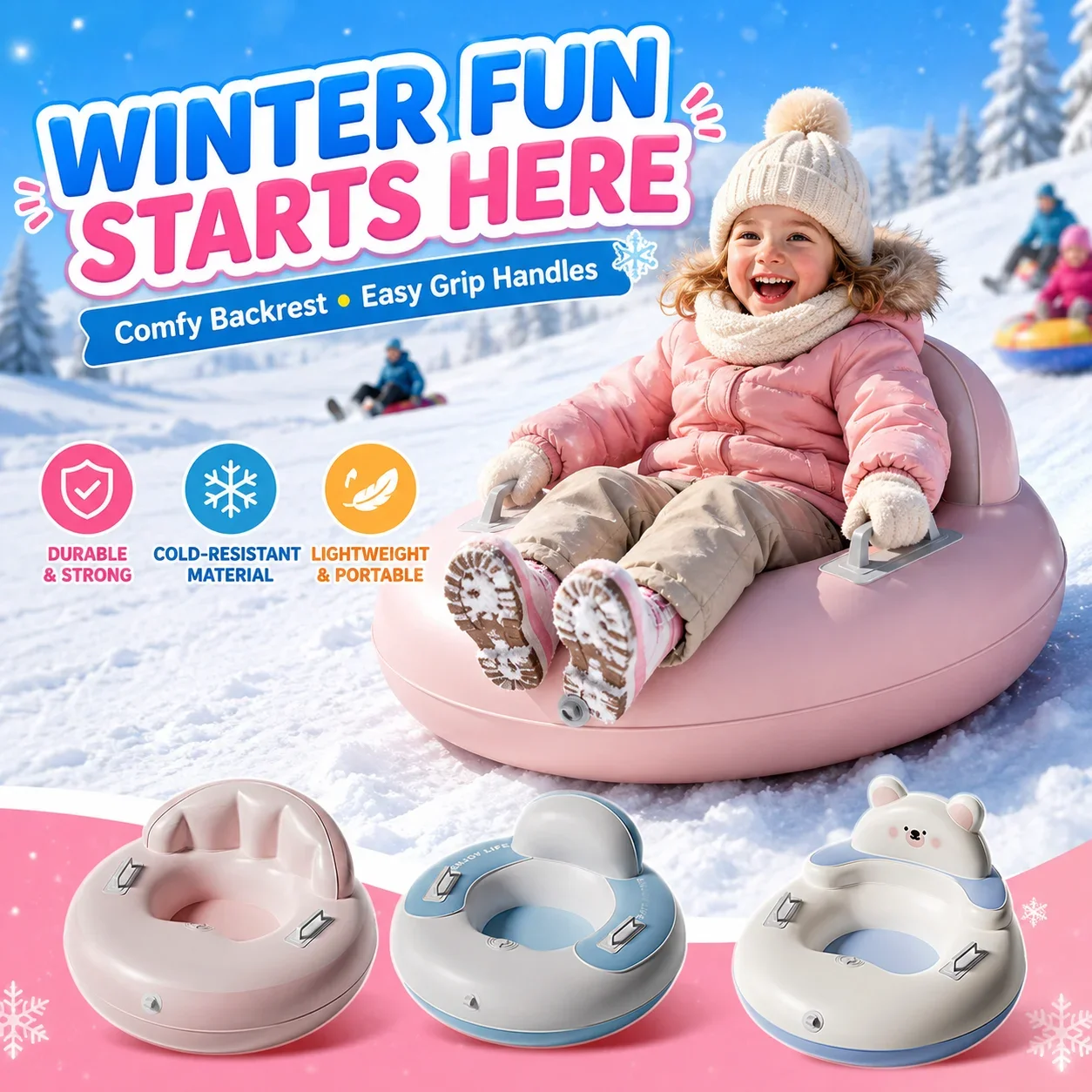 1PC Inflatable Snow Tube with Backrest & Handles, Winter Sledding Tube Snow Slider Outdoor Skiing Toy for Snow Play