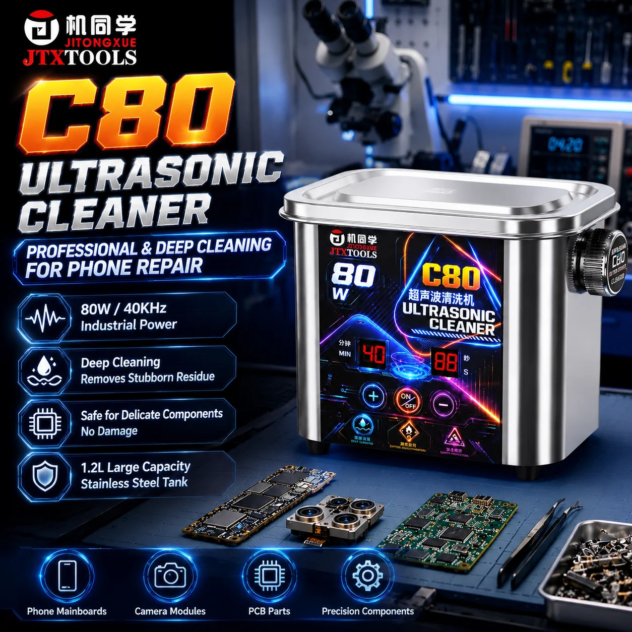 JTX C80 Ultrasonic Cleaner 80W 40KHz Industrial Grade Digital Timing Device For Phone PCB Mainboard Camera Cleaning