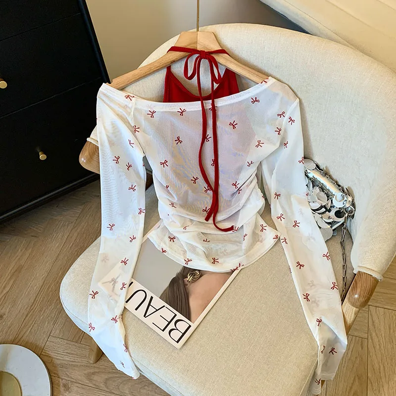 Bow Print T Shirts Women Summer Sexy Halter Neck Slim Tops Y2K Fashion Streetwear Long Sleeve Halter Sunscreen Thin 2 Piece Set