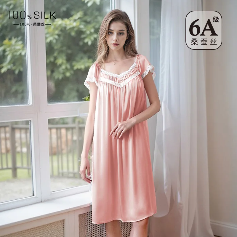 

100% Mulberry Silk Sweet Lace Princess Nightgowns Chemise Short-sleeved V Neck Plus Size Nightshirt Pajama Nightdress with Pad