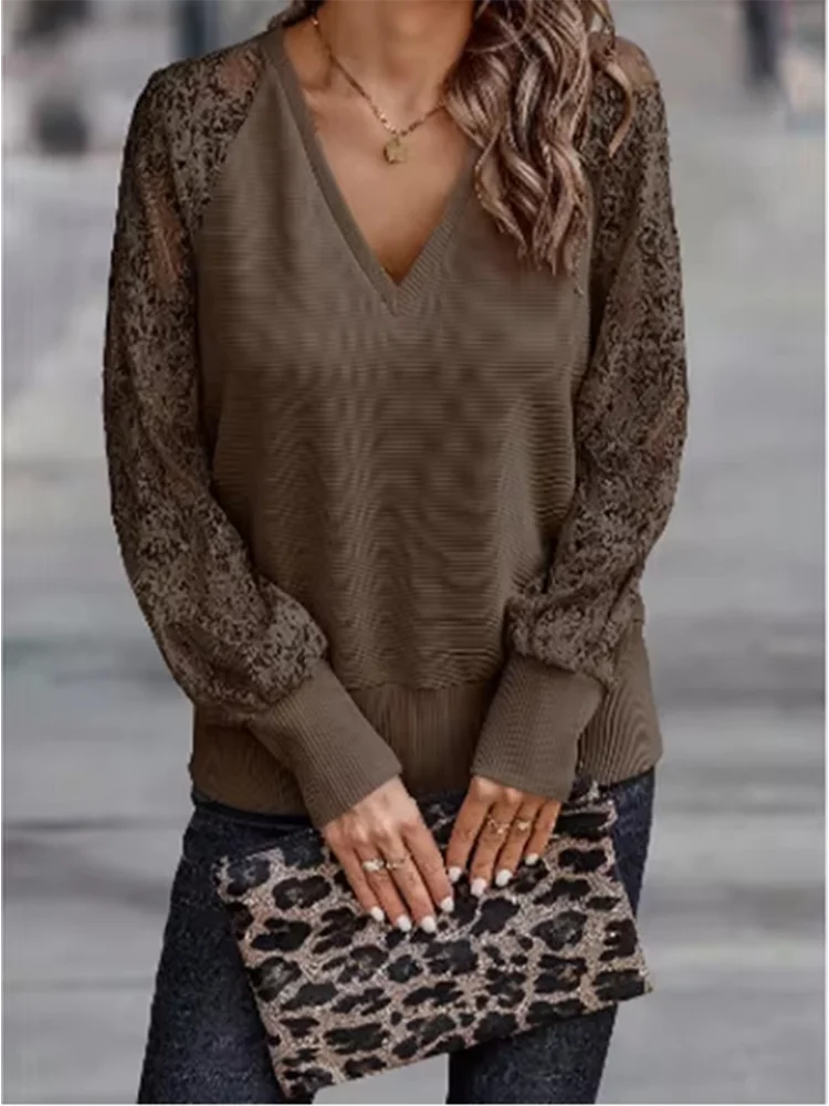 Solid Color V-neck Lantern Long Sleeved T-shirt Women's Sexy Lace Elegant Daily Fashion Style Autumn Top