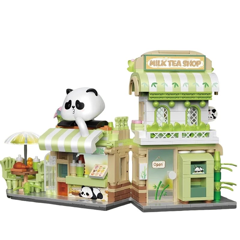 Panda Series Building Blocks Street Scene Puzzle Small Particles Assembled Toy Model Desktop Ornaments Collection Gift