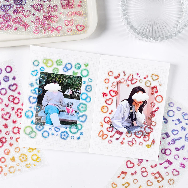 6pcs/bag Laser Glitter Flat Sticker DIY Cute Label Sticker Waterproof Decorative Sticker For Diary Album Scrapbooking Material