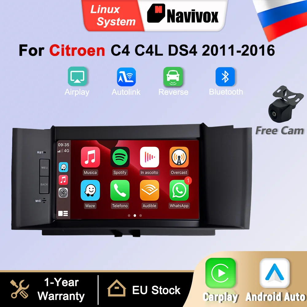 Schermo multimediale Linux da 7 pollici per Citroen C4 C4L DS4 2011-2016, con CarPlay wireless, Android Auto, Bluetooth, GPS, navigazione, DSP, telecamera posteriore e autoradio.