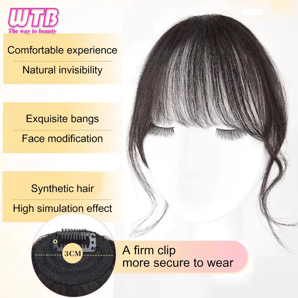 สังเคราะห์ปลอม Air Bangs ธรรมชาติหน้าผากปลอม Fringe ผมบางวิกผมสั้นที่มองไม่เห็นคลิปในส่วนขยายของผม Hairpieces สําหรับผู้หญิง