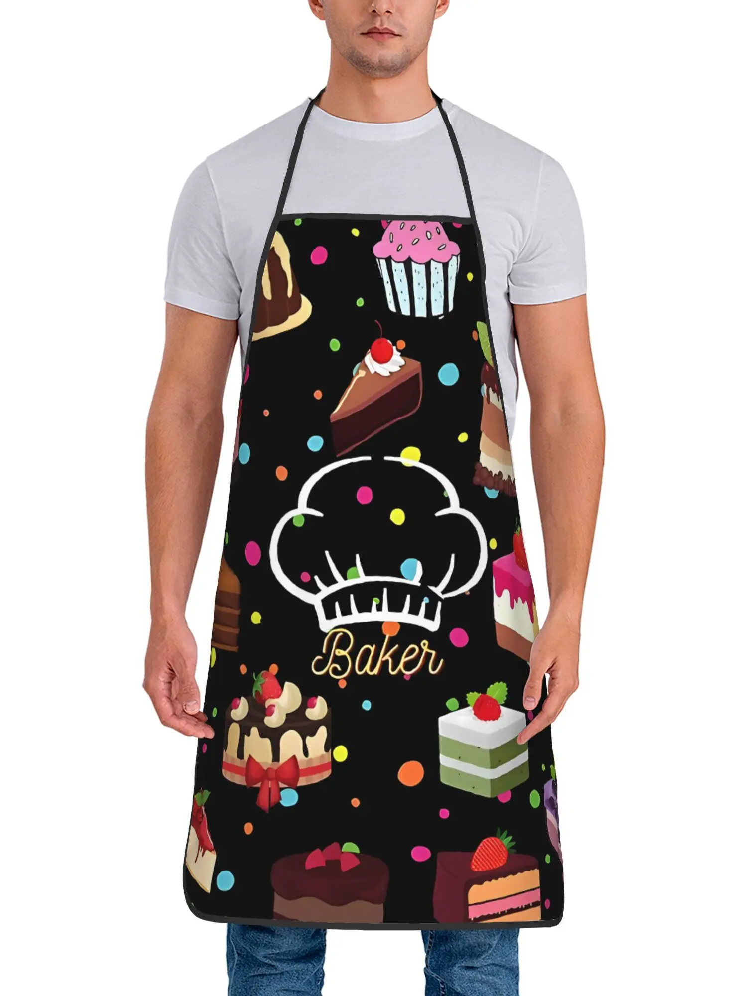 Sweet Cake Pattern Apron, Cute Baker Hat Graphic Cooking Bib, Colorful Dessert Kitchen Decor, Gift for Pastry Chef