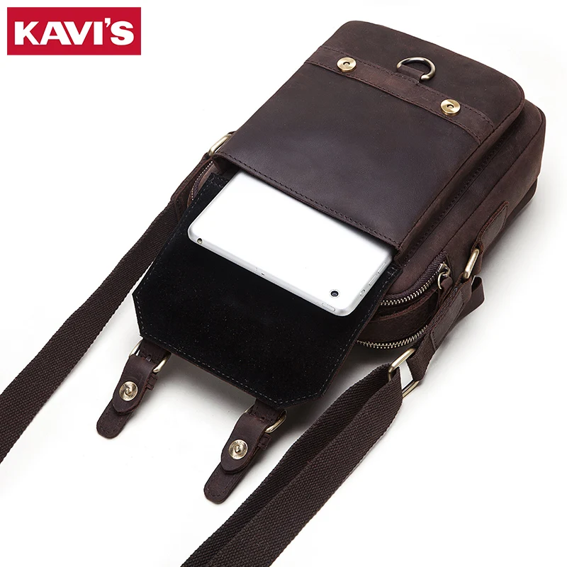 KAVIS 100%Genuine Leather Shoulder Messenger Bag Men Multi-Function Vintage Crossbody Bags Top Quality Satchel Sling Travel Pack