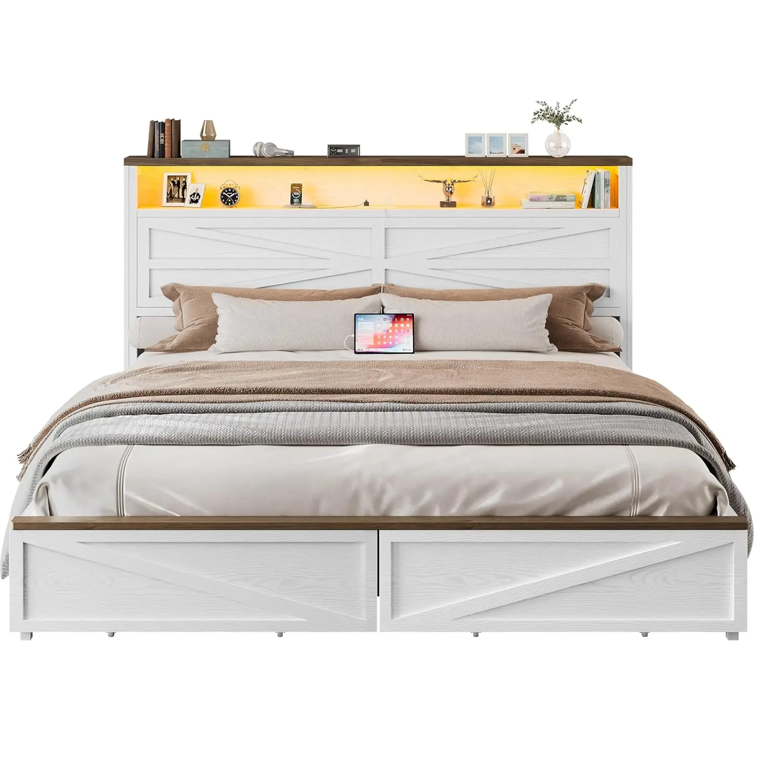 King Size Bed Frame LED Light Charging Station Storage Headboard 2 Drawers Barn Door Sturdy White Customized