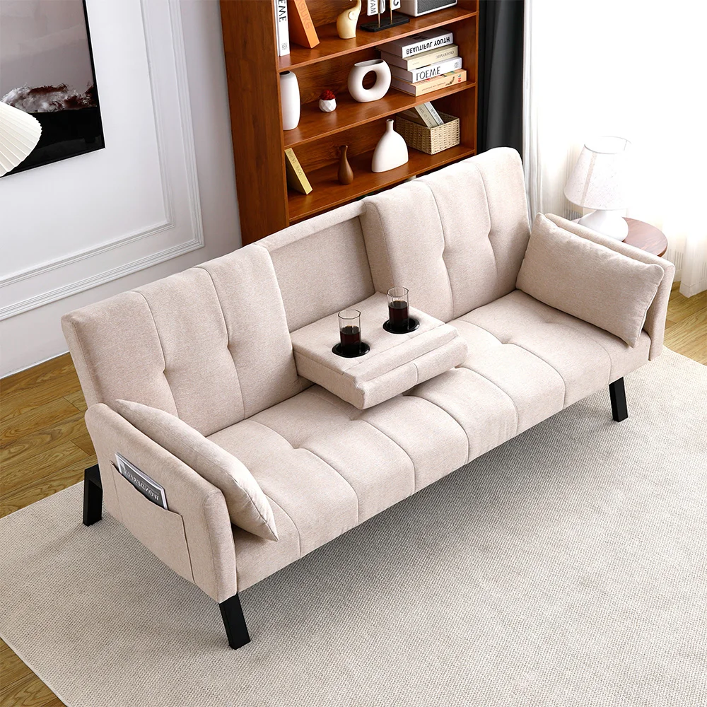 70-inch Multi-functional Sofa Bed That Can Be Folded Equipped With A Coffee Cup Holder And Side Storage Space Allowing For Easy Conversion Between Living Room And Bedroom Use