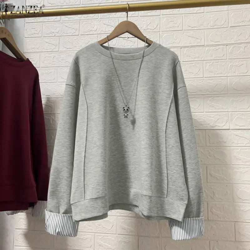 

Женская вязаная блузка ZANZEA 2026: повседневный пуловер с длинным рукавом, круглым вырезом, в стиле пэчворк, для офиса и отдыха