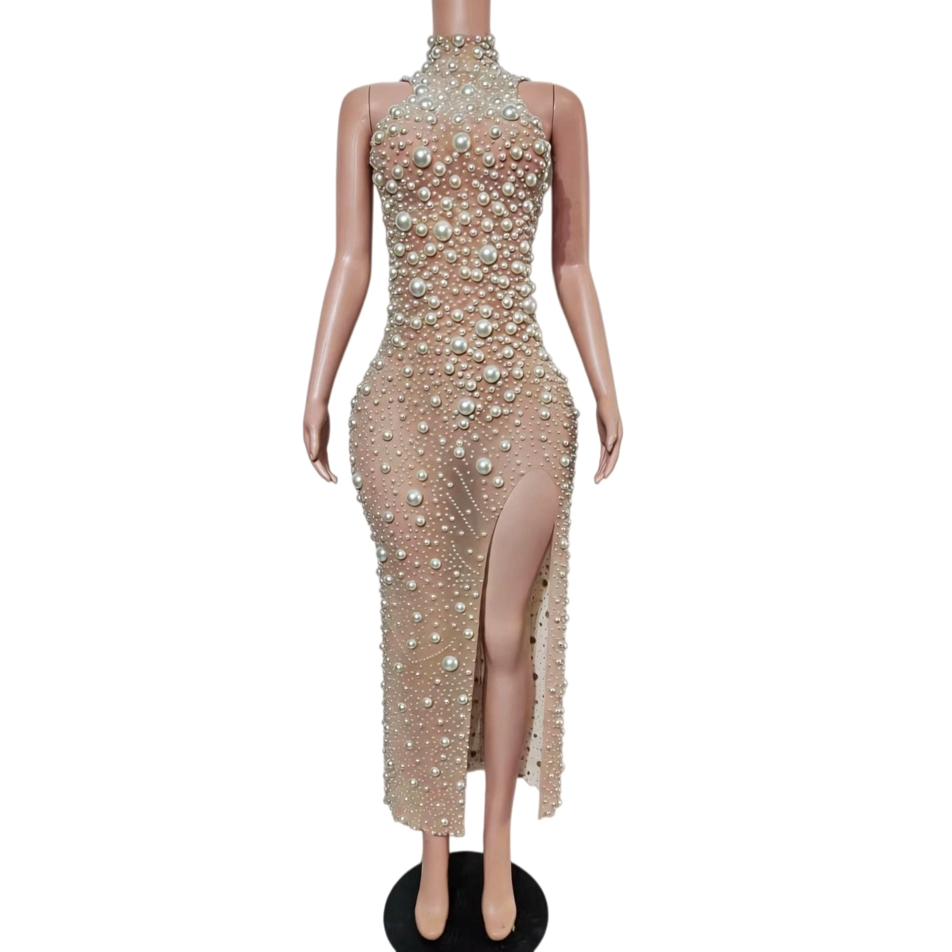Elegant Luxury High-end Pearls Dresses Sexy Women Mesh Birthday Party Evening Gown Gala Red Carpet Formal See Through Mesh Dress view 6