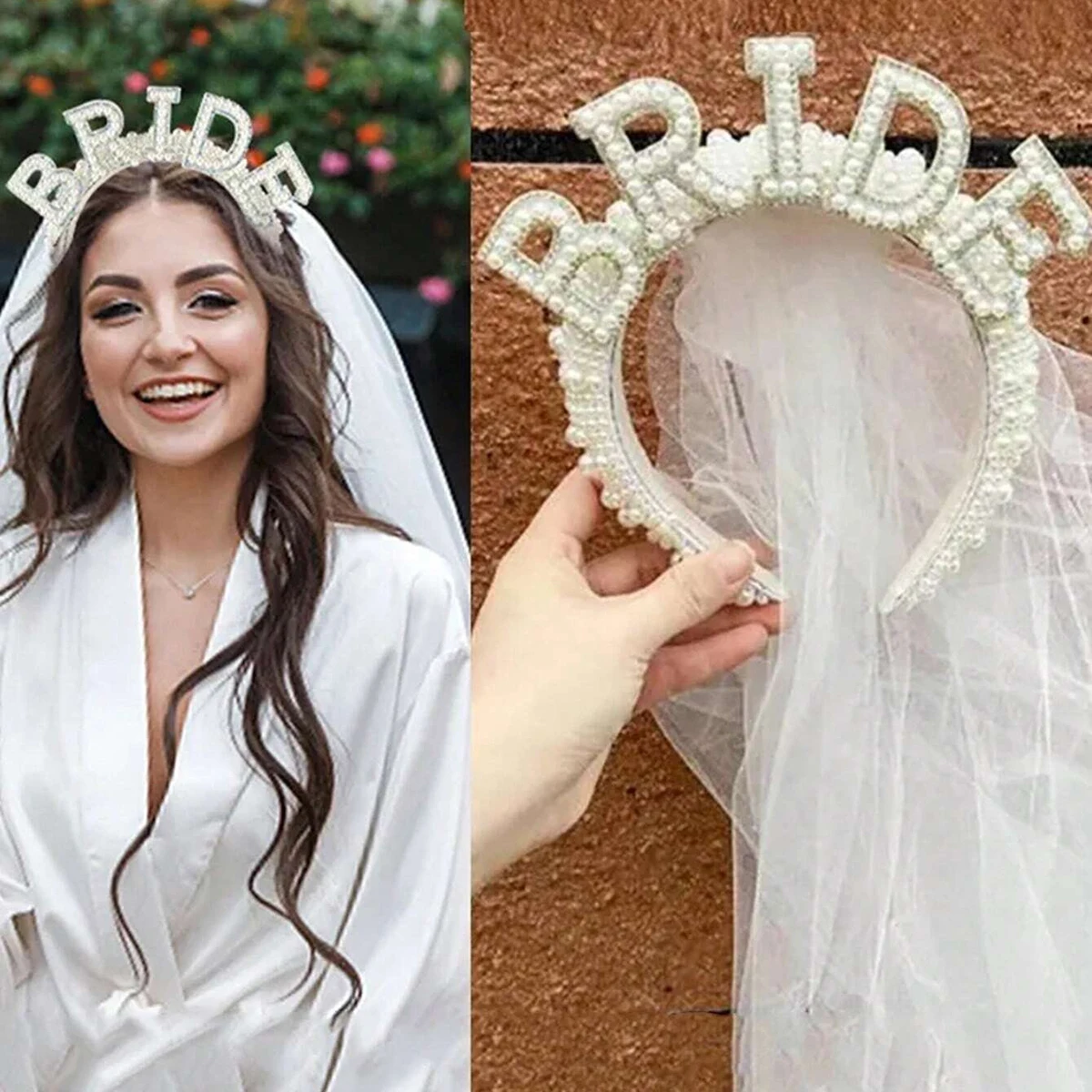 Bride Pearl Letter Headband Veil Set European and American Bridal Pre-Wedding Party Headpiece Bachelorette Party Bride Veil Hair Accessory