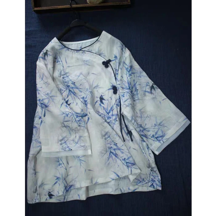 

Свободный крой, круглый повседневный летний топ с принтом irt Bamboo Le Design Seven Quarter Sve для женщин больших размеров