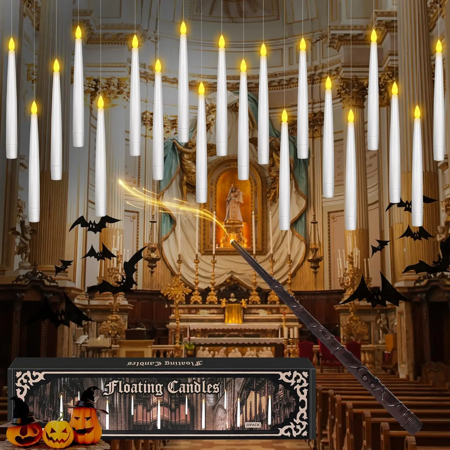 Halloween Decor Floating Candles with Wand Magic Hanging Candles with Remote Flameless Taper Led Candle Floating Window Candle