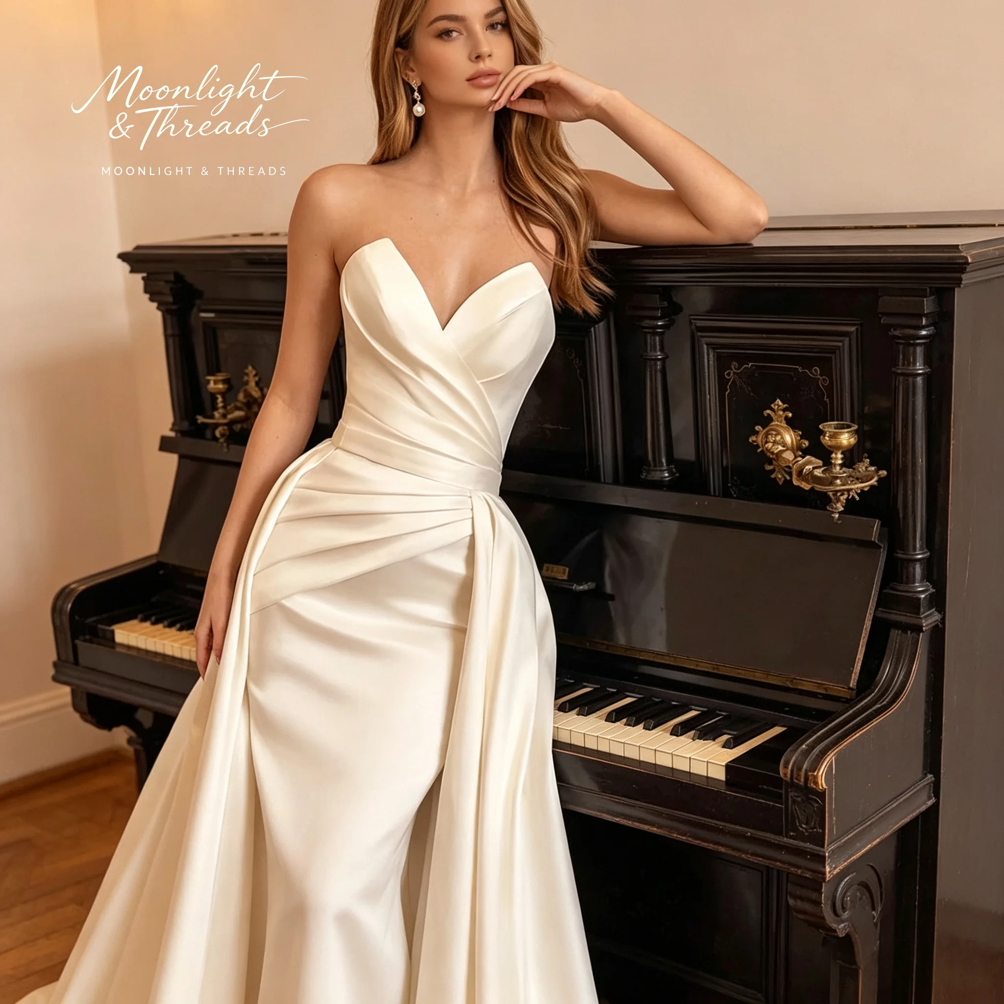 High Couture A‑Line Bridal Wedding Dress Strapless Deep V Cross Twisted Draped Satin Chapel Train Gown