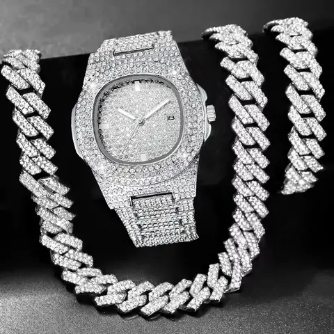 3PCS Luxury Rhinestone Men Watch Cuban Chain Jewelry Set Hip Pop Square Quartz Watches Accessories Gift Relogio Masculino