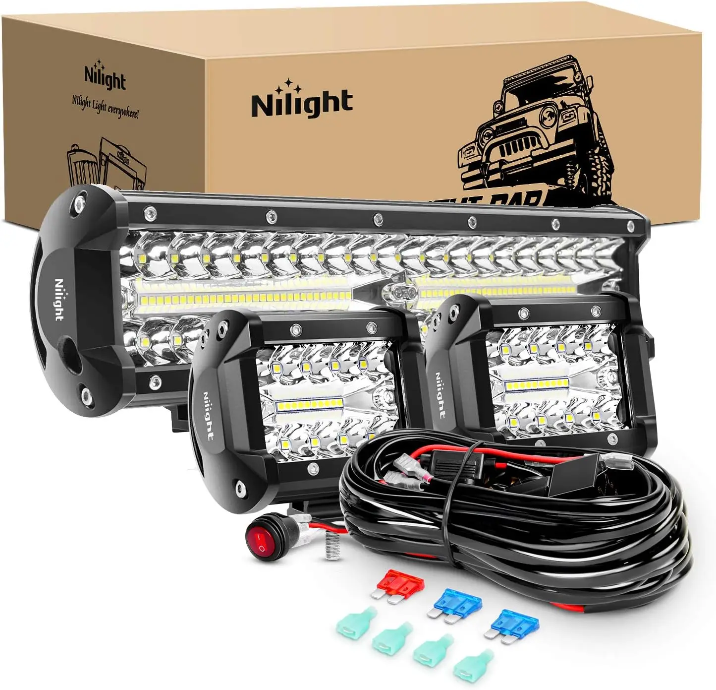 

12 Inch 300W Triple Row LED Light Bar Set with 2x4 Inch Lights and Wiring Harness for Off-Road ATV Boat