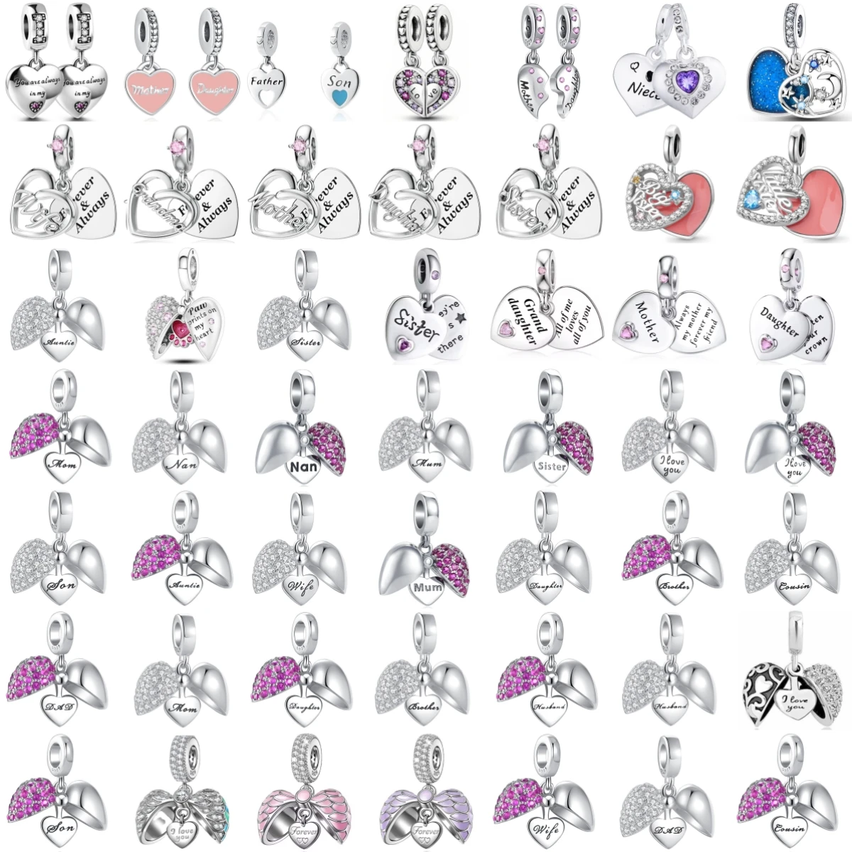 925 Silver Openable Heart Dangle Charms Family Mom Sister Engraved Pendant Beads Fit DIY Jewelry Mother's Day Gift