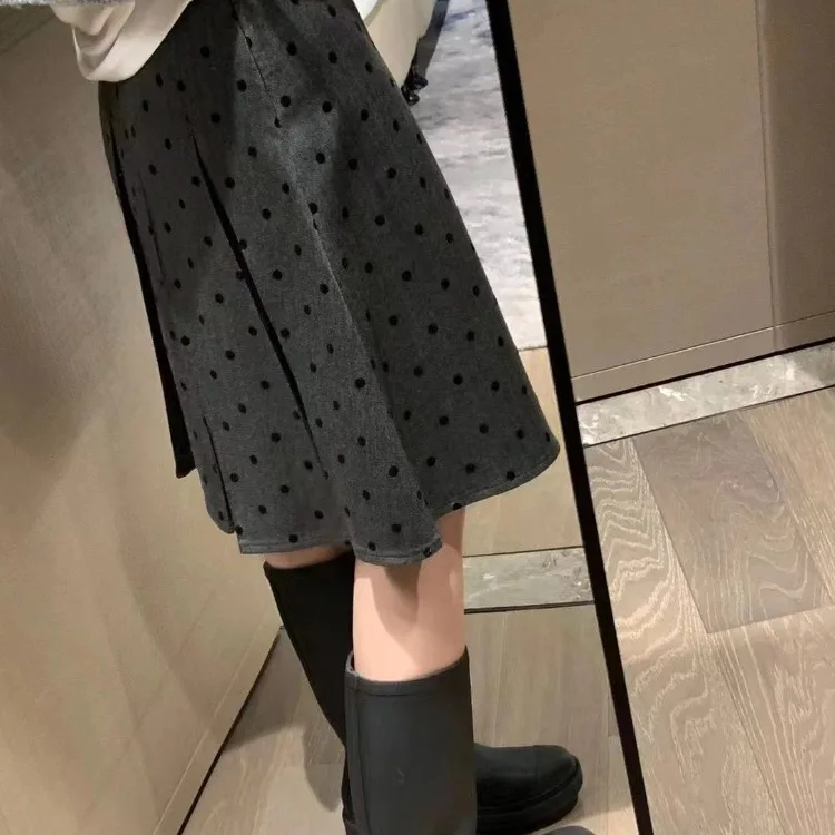 Fashion Wave Point Ruched Skirt For Women Y2k High Waist Mid-length Faldas Mujer 2025 Spring Autumn New Gray A-line Skirts