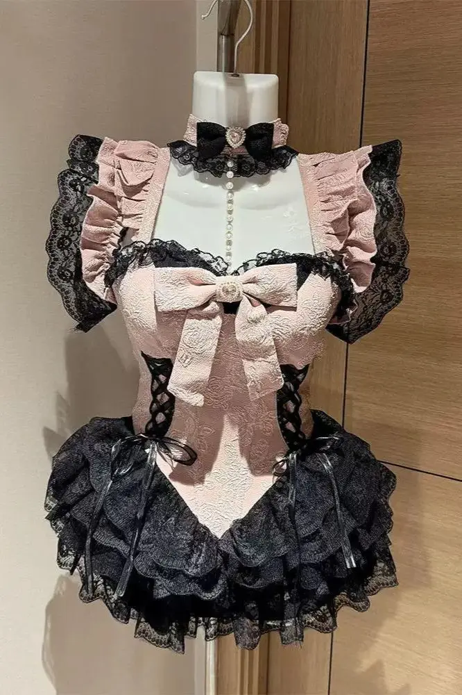 

Sweet Spicy Girl Ballet Style Age Reducing Flying Sleeve Strap Dress Summer New Bow Aesthetic Off Shoulder Lace Bubble Y2k Dress