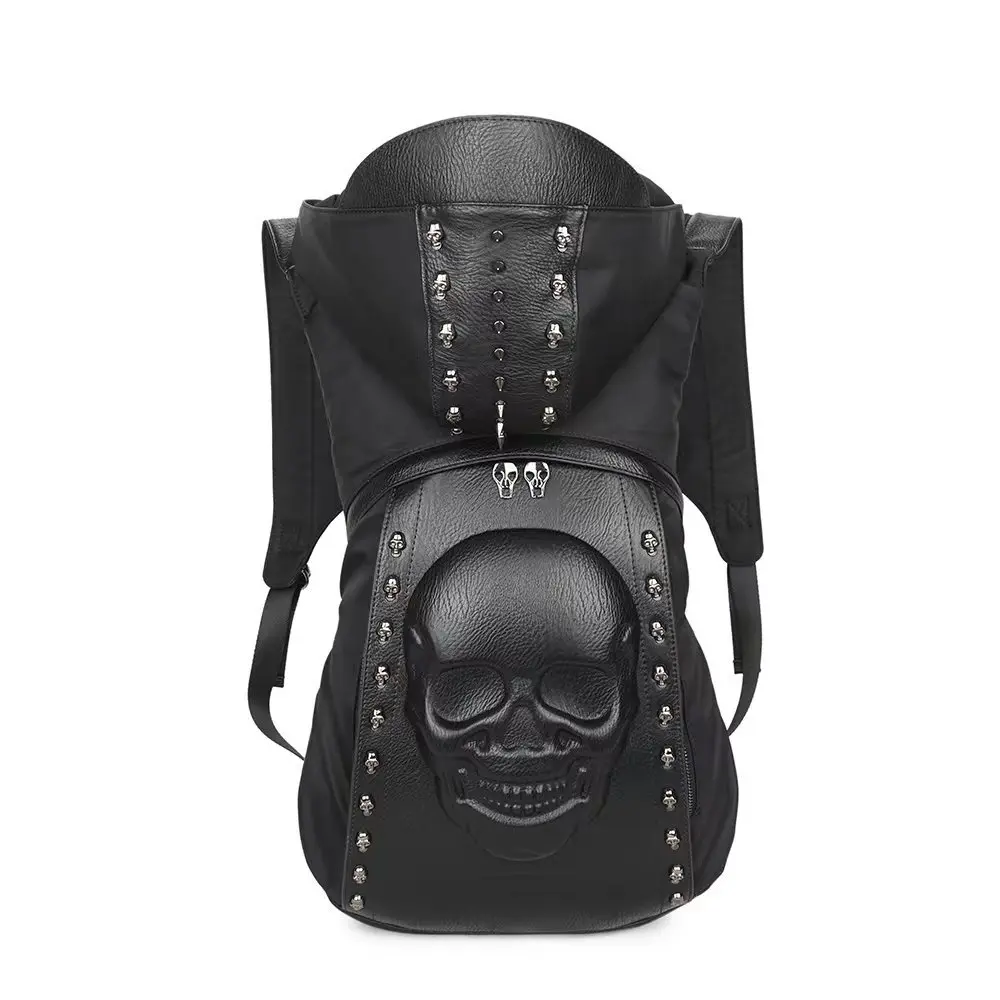 

Hooded Backpack Halloween Skull Punk Rivet Bag PU Leather Bag Embossed 3D Skull Backpacks with Hood Cap