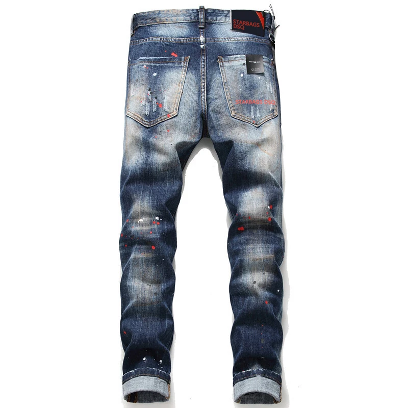 starbags dsq 1048 new Men's skinny Skinny jeans Ripped Fabric Non-stretch Paint Splash vintage blue jeans