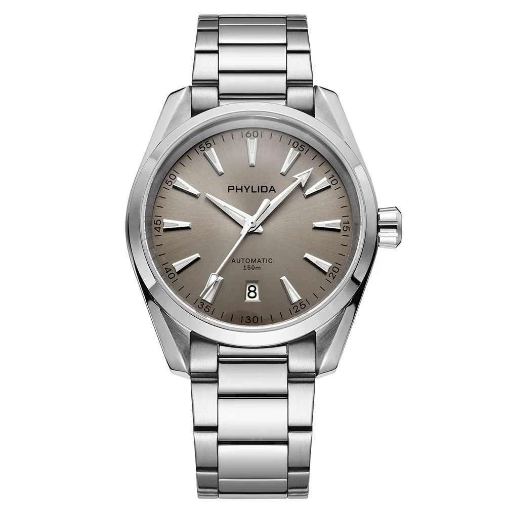 PHYLIDA Jam Tangan Otomatis Dial Abu-abu Baru Aqua AT 150M Jam Tangan Kristal Safir NH35A Jam Tangan Penyelam 100WR untuk Pria Tanggal Pada 6