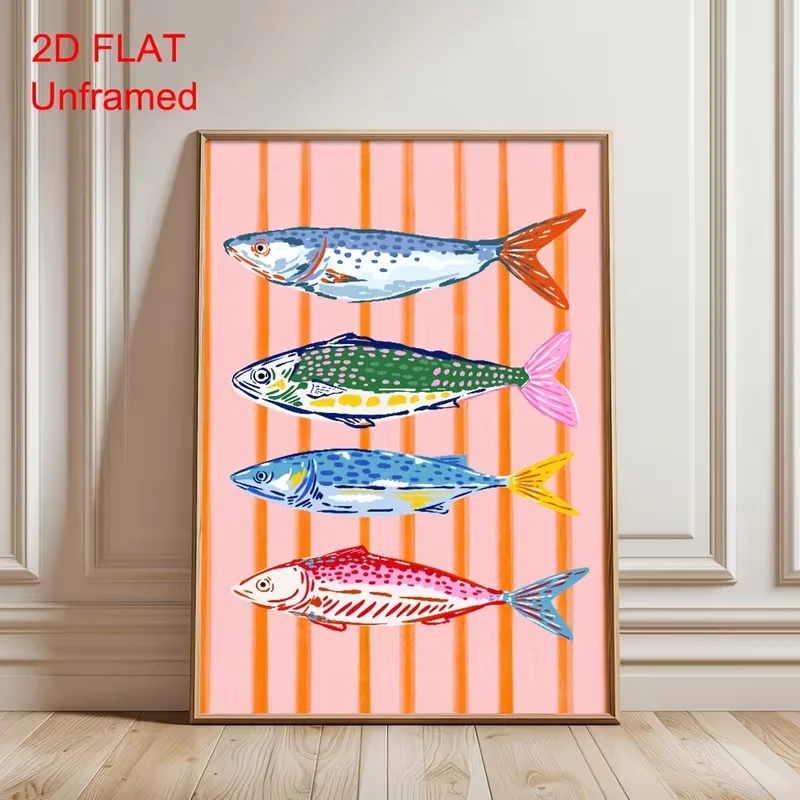 2D Flat, 2D Flat, 2D FLAT 1pc Unframed Colorful Fish Kitchen Seafood Canvas Poster Striped Sardines Trendy Whimsical Wall Art Pr