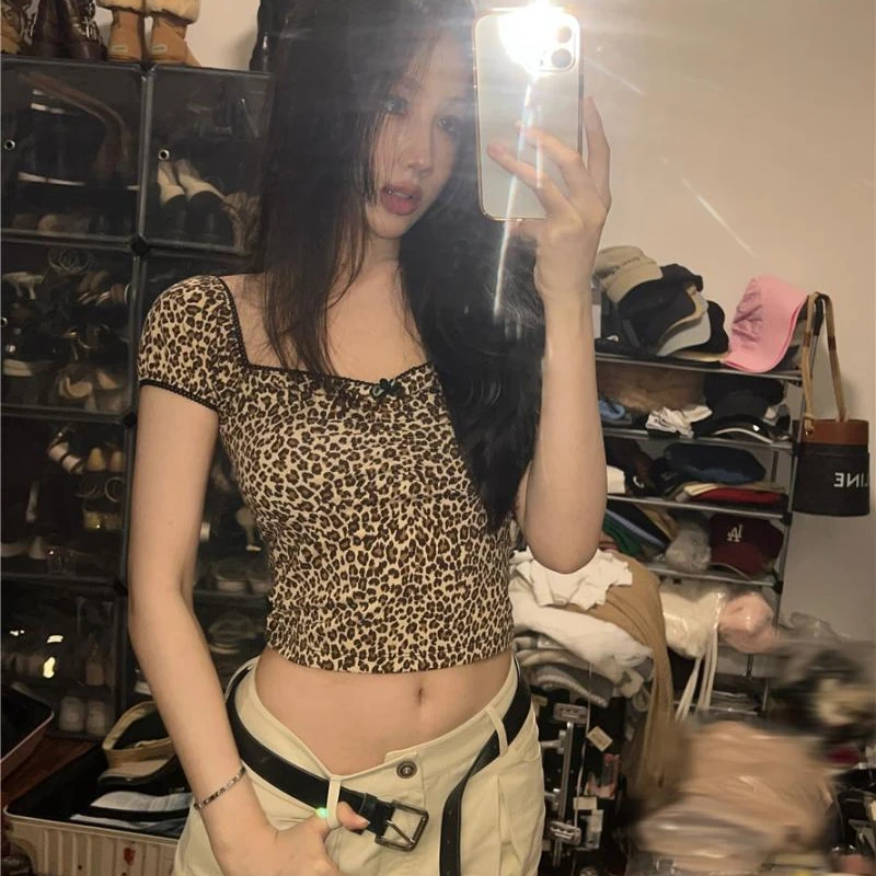 Deeptown Vintage Sexy Leopard Animal Print Tee Shirt Women Summer Crop Top Slim T-shirts Y2k Grunge Short Sleeve Coquette Tshirt