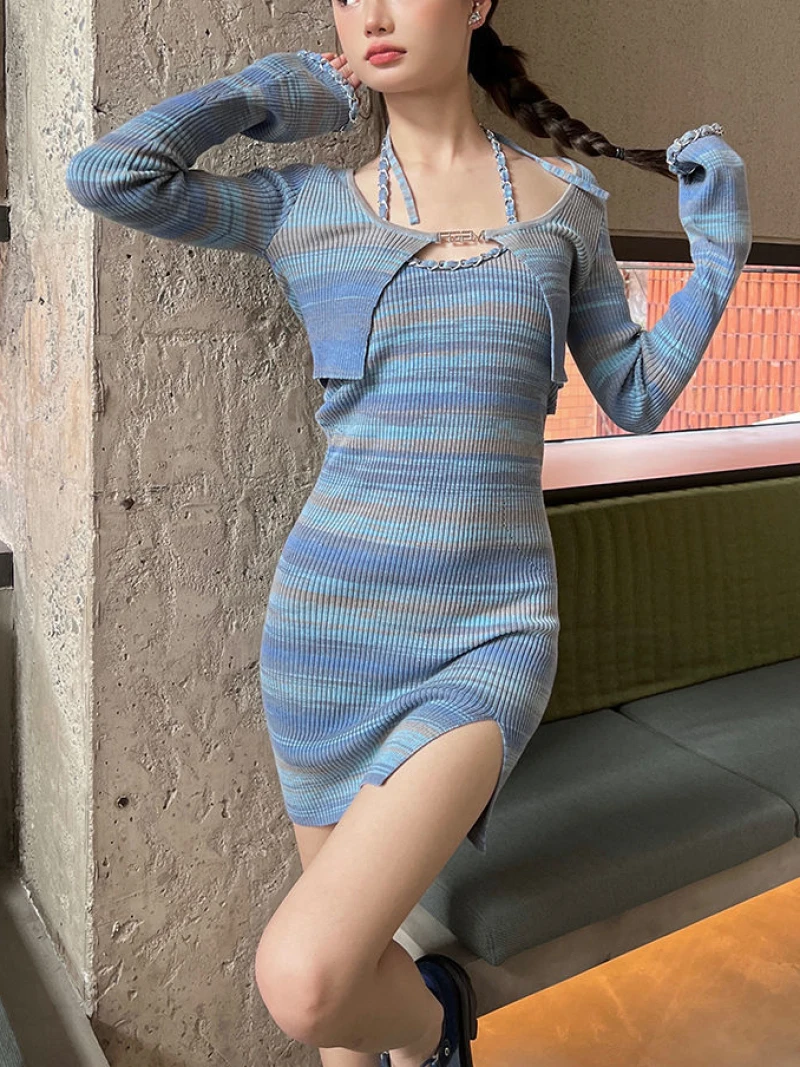 

Spring Autumn Knitted Suit Striped Crop Tops + Sexy Strap Y2k Mini Dress Woman Casual Retro Bodycon Dress Slim 2 Piece Dress Set