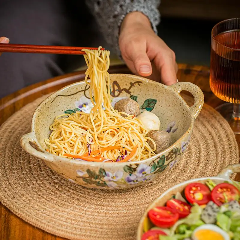 Chinese Retro Ceramic Bowl Large Underglaze Color Hand Painted Coarse Ceramic Instant Noodle Bowl