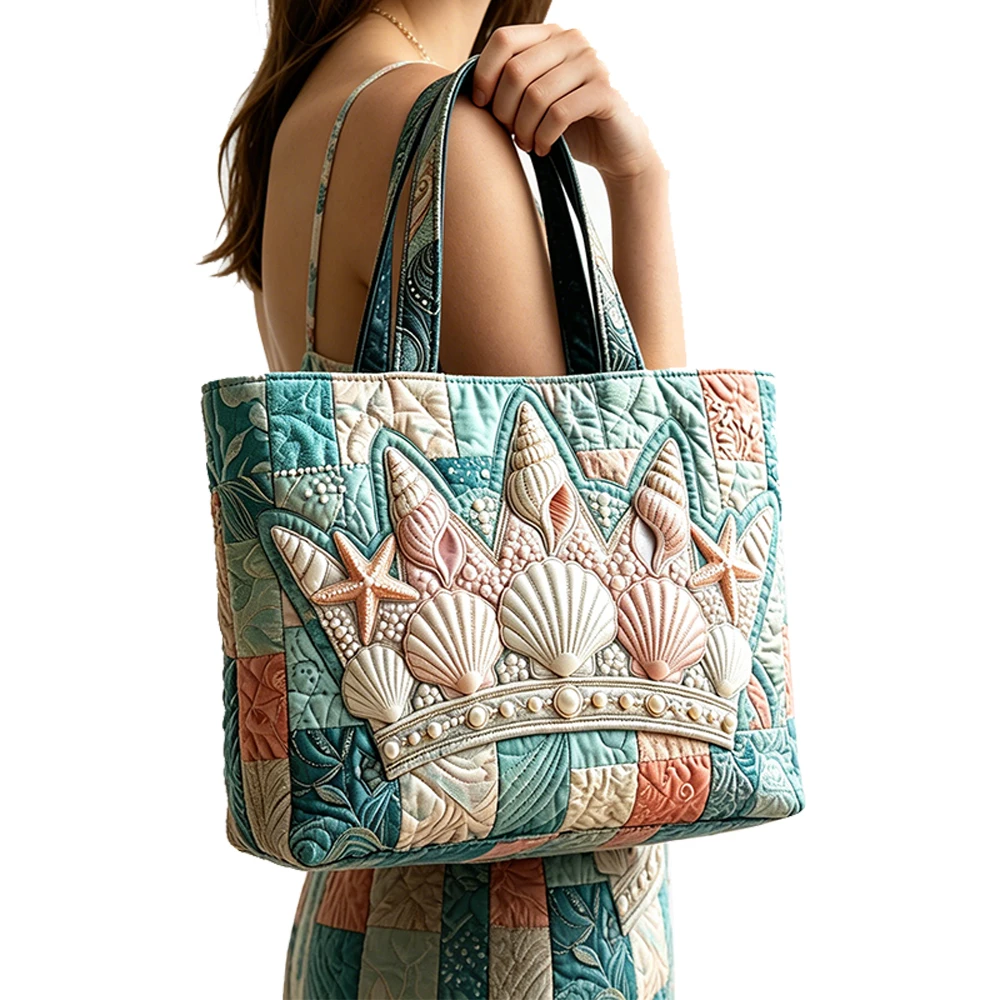 Ocean Seashell Crown Quilted Tote Coastal Beach Patchwork Shoulder Bag Casual HandBag Men Women Daily Shopping Bags