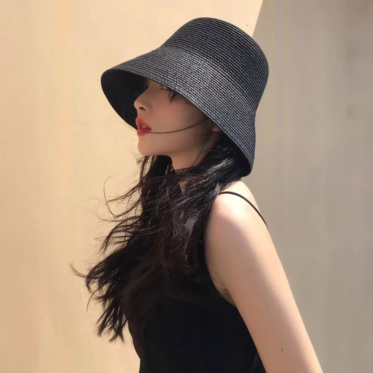 solid Flat bucket hat foldable basin hat vintage bucket straw hat women\'s summer beach small-brimmed sunhat sun protection