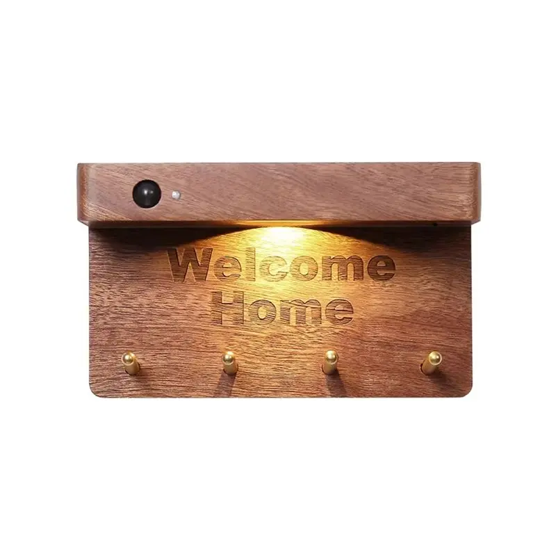 B52C Key Hook Storage Light Entry Garden Wall Lamps Solid Wood Night Lights Body Sensor Lights Wall Lamps Wiring Decoration