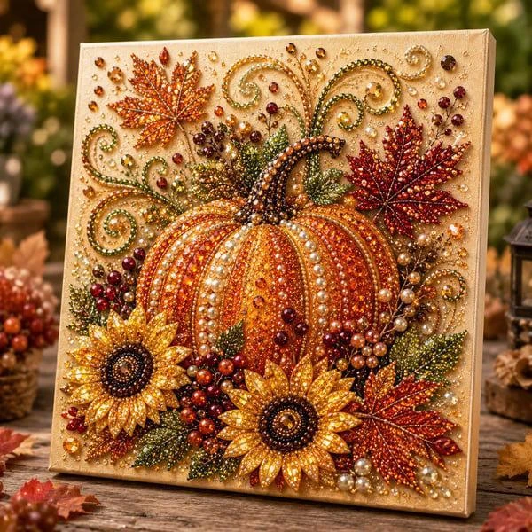 Herfst Oogst Parel Schilderij DIY Kit, Eekhoorn Vos Pompoen Bloemmotief Diamant Schilderij 3D Handgemaakte Huisdecoratie, Handgemaakte Huisdecoratie Set, Tijdverdrijf Activiteit voor Hobbyliefhebbers,