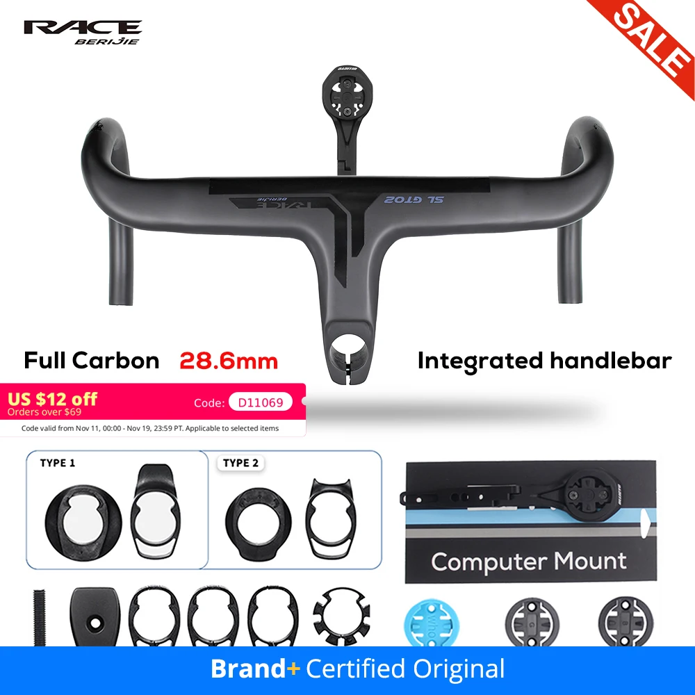 

RACE Full Carbon Fiber Internal Cable Integrated Bicycle Handlebar Cockpit With Spacers and Mount,Stem -10°,Clip diameter 28.6mm