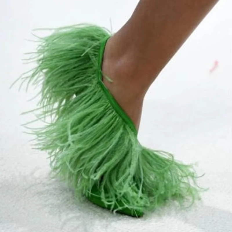 

Green Tassel Feather Slip-On Stiletto Sandals Woman Summer 2026 Banquet Sexy Black Pointed Toe One-Strap High Heels Shoes
