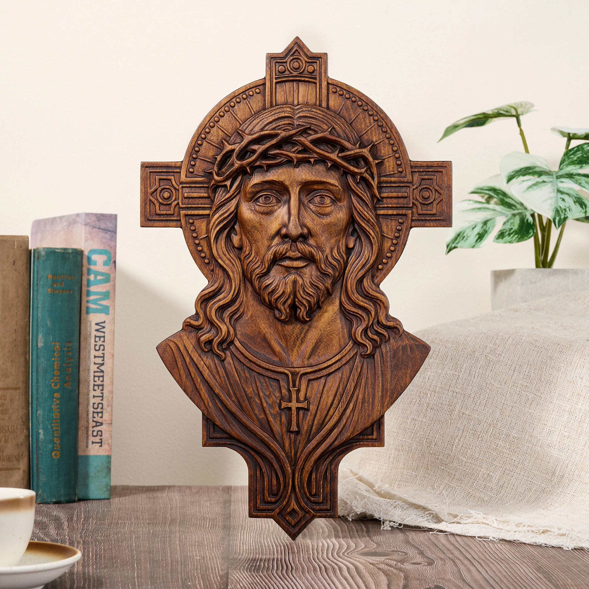 Jesus Half-Body Cross Statue - Jesus Christ Woodwork: Thorns Crown and Cross Halo | Sanctuary Blessing