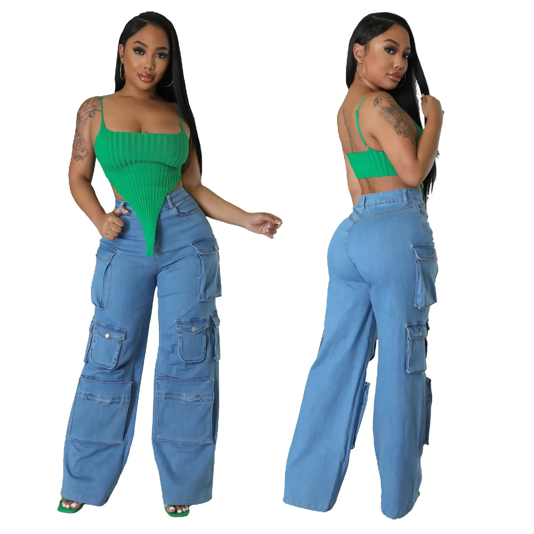 Women Jeans High Waist Cargo Pants Zipper Fly Washing Loose Fit Denim Pockets Streetwear Ankle Length Solid 2024 Summer