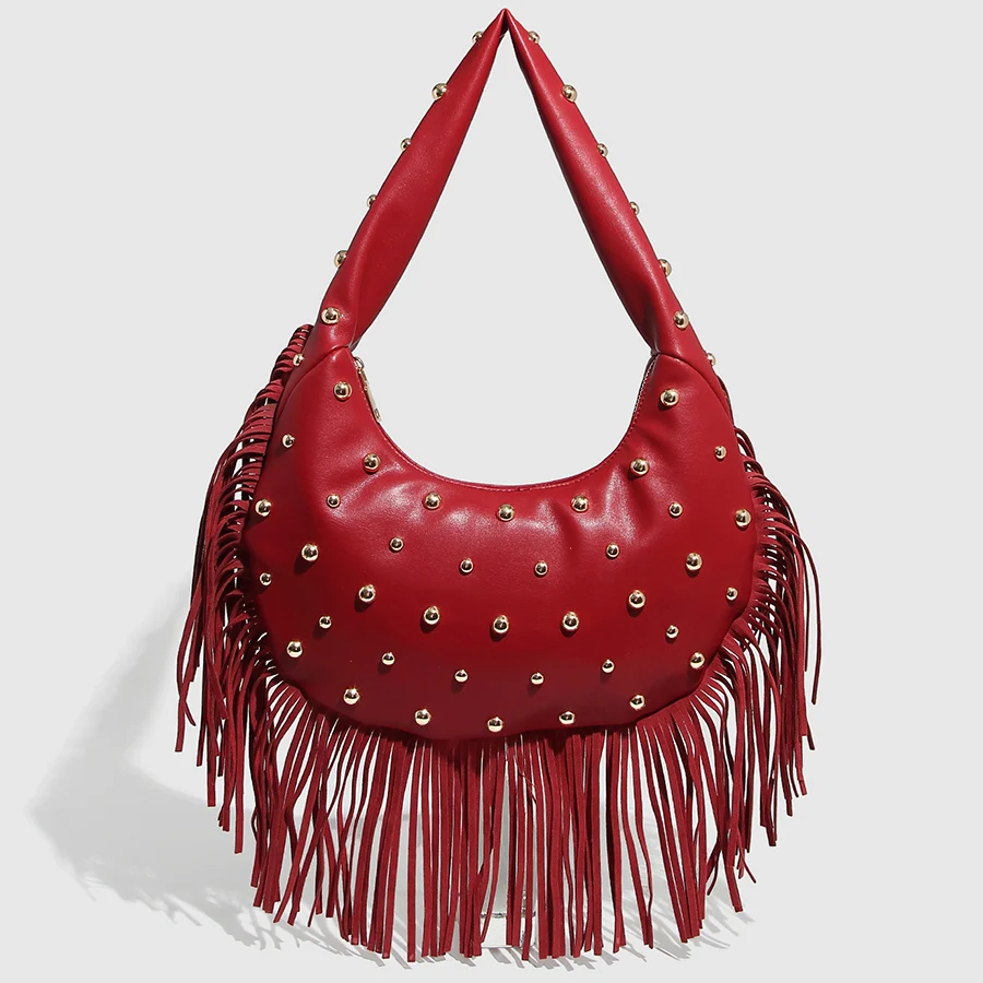 Retro individual fringed rivet handbags trendy large capacity women's simple single-shoulder bags pu leather zip top handle bags