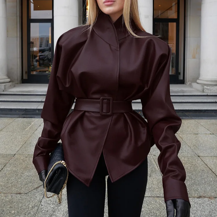 

Wine red leather jacket, women's high-end long sleeved stand up collar belt, waist cinching slimming leather jacket