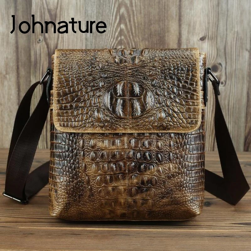 Johnature Vintage Genuine Leather Men Bag 2024 New Simple Crocodile Pattern First Layer Cowhide Small Shoulder Messenger Bags