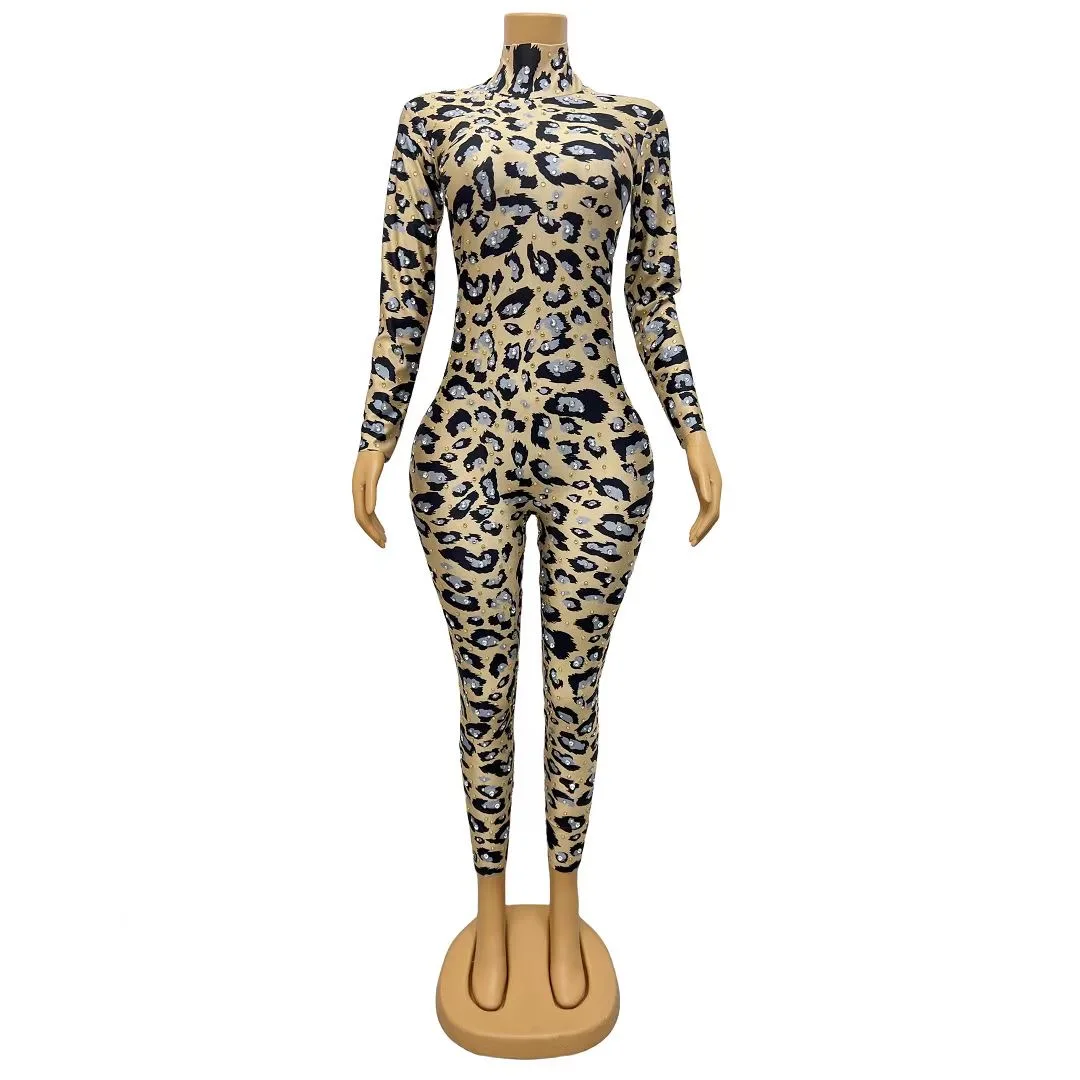 

Gold Rhinestones Spandex Leopard PatternJumpsuit Sexy Dancer Performance LeggingsBirthday Celebrate Club Outfit baowen C024