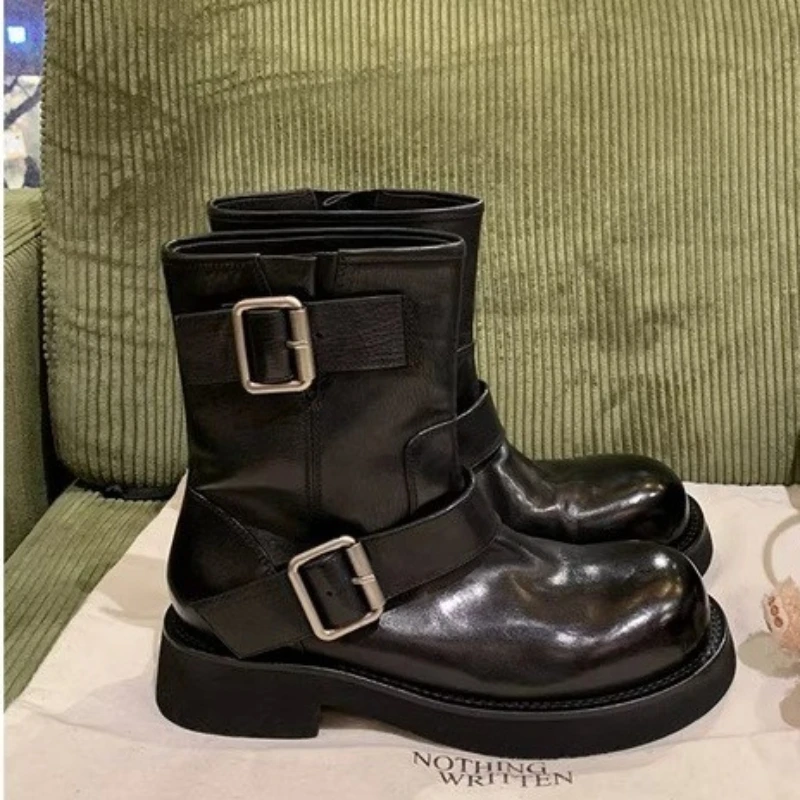 

Genuine leather double button thick heel motorcycle short boots for women in the western region