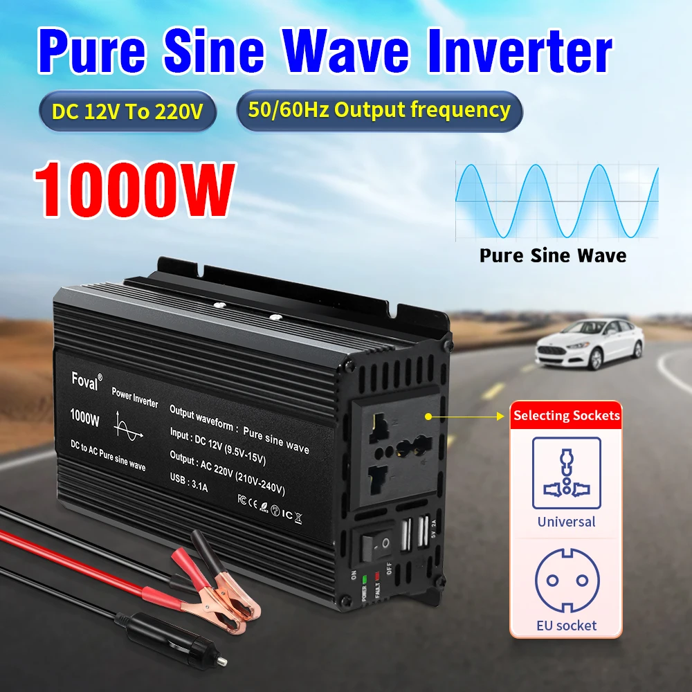 Pure Sine Wave Inverter 12V 220V 1000W 1500W 2200W 2600W  DC To AC 50Hz Portable Power Voltage Converter Car Solar Inverter