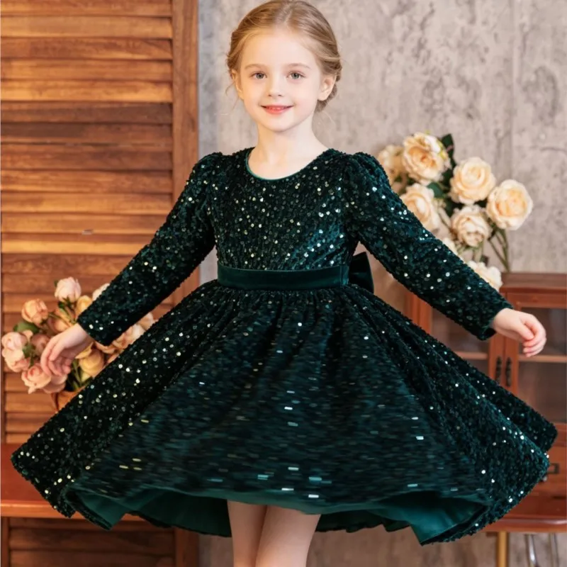 Baby Girl Princess Sequins Velevt Bow Dress Infant Toddler Child Sparkly Vestido Party Birthday Pageant Xmas Baby Clothes 4-7Y