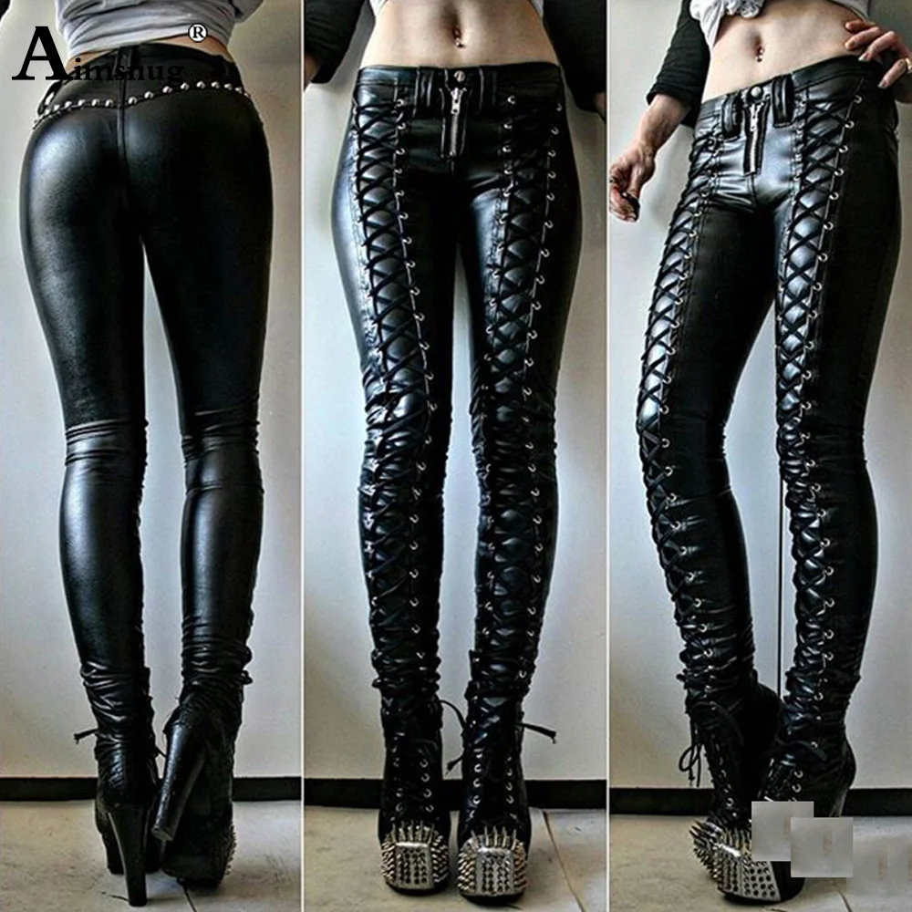 نساء أزياء من الدانتل متابعة بولي بنطال بنطال جلدي أنثى سستة جيوب بنطلون بنات عالية قطع سروال شكل قلم رصاص أحمر ناعم فو الجلود بانت جديد