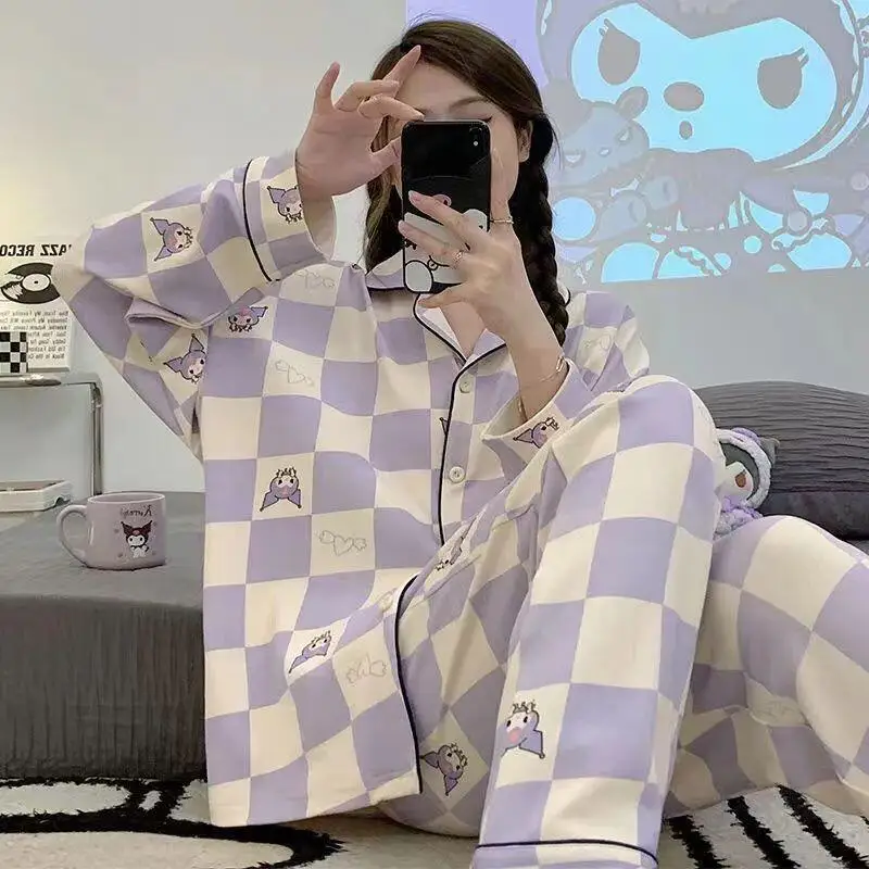 

Sanrio Long Sleeve 2Pcs Kuromi New Style Pajamas Spring and Autumn Cartoon Thin Style All-Match Pants Home Clothing Student Set